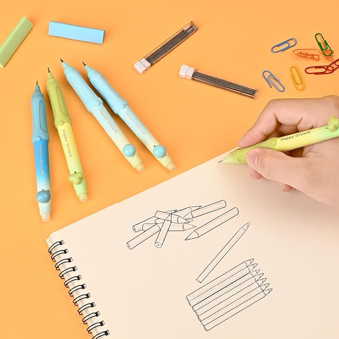 Temiary Cute Mechanical Pencil Set with Case, 6 Pcs Medium Point 0.9 mm Pencils with 2 Tubes HB Lead Refills, 4 Pcs Erasers for School Supplies Student Writing, Drafting Drawing Sketching (Morandi)