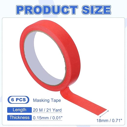 MECCANIXITY Masking Tape 0.7 Inch x 21 Yard Painter's Tape Red Paint Tapes for DIY Crafts Arts Drawing Decoration Labeling Car Painting Artist Teachers, Pack of 6