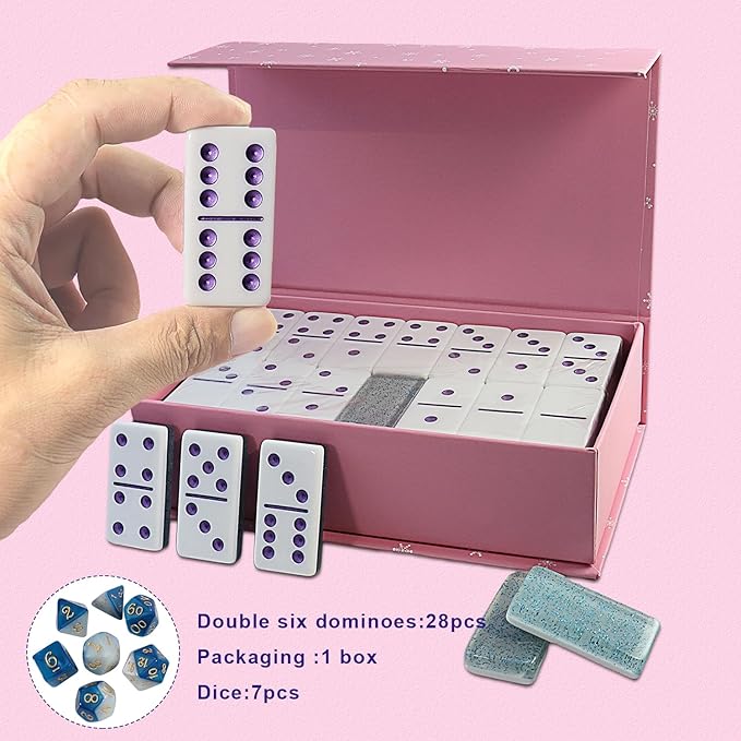 IDTQ Dominoes Set for Adults, Double 6 Dominos Game Set with 28 Domino Tiles Double with Upscale Gift Boxes -7 Polyhedral Dice -Classic Board Games (Light Blue)