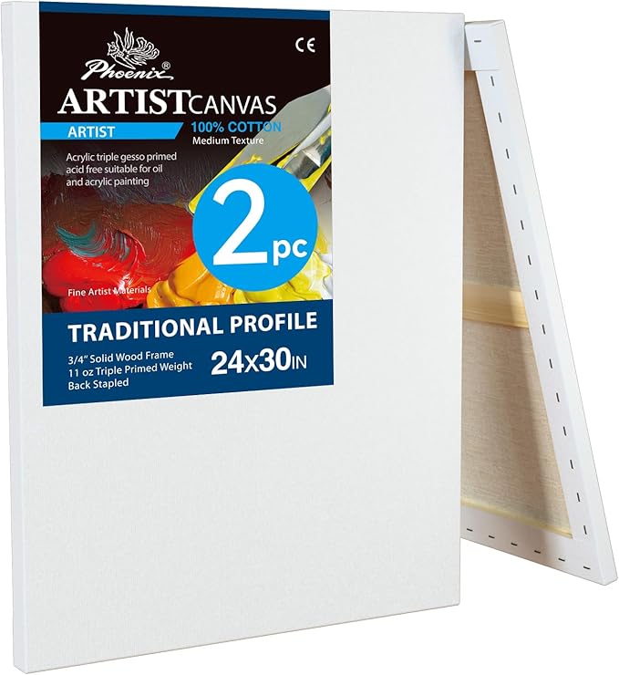 PHOENIX 24x30 Inch 2 Pack Artist Canvas - Extra Large Stretched Canvases for Painting - 3/4 Inch Profile, 100% Cotton 11 Oz. Gesso Primed White Blank Professional Canvas Oil & Acrylic Paints