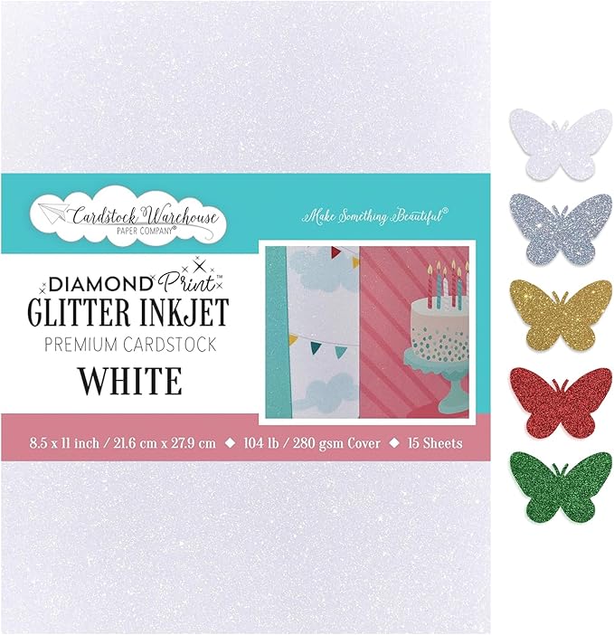 Cardstock Warehouse Diamond Print Inkjet Glitter - Premium White Glitter Cardstock Paper – 15 Sheets, 8.5 x 11" - 104 lb/280 GSM for Inkjet Printing, Die-Cutting, Card Making, Crafts, and DIY Projects