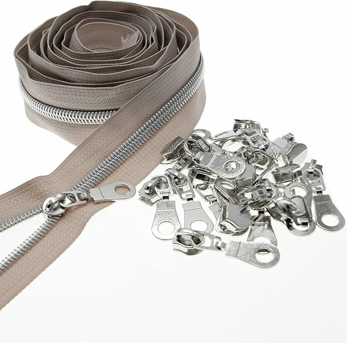 #5 Silver Teeth Metallic Nylon Coil Zippers by The Yard Bulk 10 Yards Beige Zipper Tape with 25pcs Silver Sliders for DIY Sewing Tailor Craft Bag Luggage Sofa Zipper Leekayer (Beige)