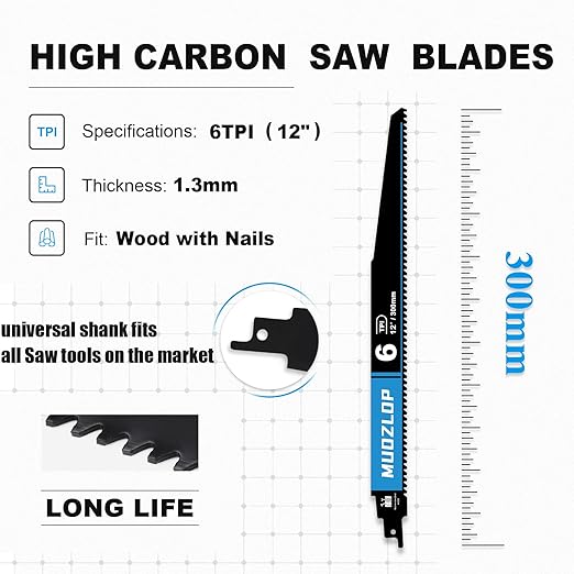 2 Pack 12 inch Reciprocating Saw Blades Set，6 TPI High Carbon Saw Blades for Wood with Nails，Saw Blades with Organizer Case (2, 6T/12inch)