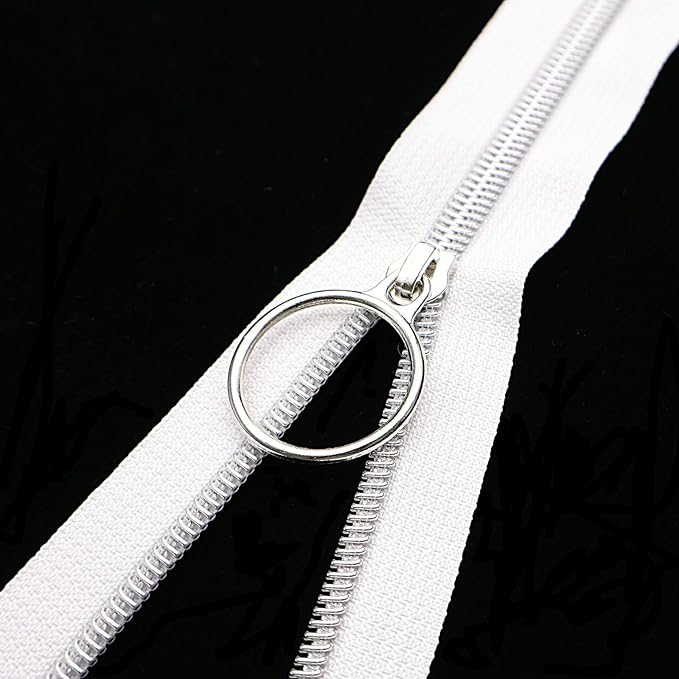 Leekayer #5 Silver Metallic Nylon Coil Zippers by The Yard Bulk 10 Yards White Zipper Tape with 25pcs Silver Ring Pull Sliders for DIY Sewing Tailor Craft Bag(White)