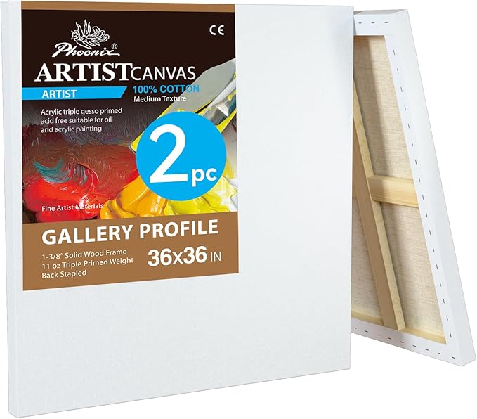 PHOENIX 36x36 Inch 2 Pack Gallery Canvas - 1.5 in Thick Extra Large Square Canvases for Painting - Deep Edge 100% Cotton 11 Oz. Gesso Primed White Blank Professional Canvas Oil & Acrylic Paints