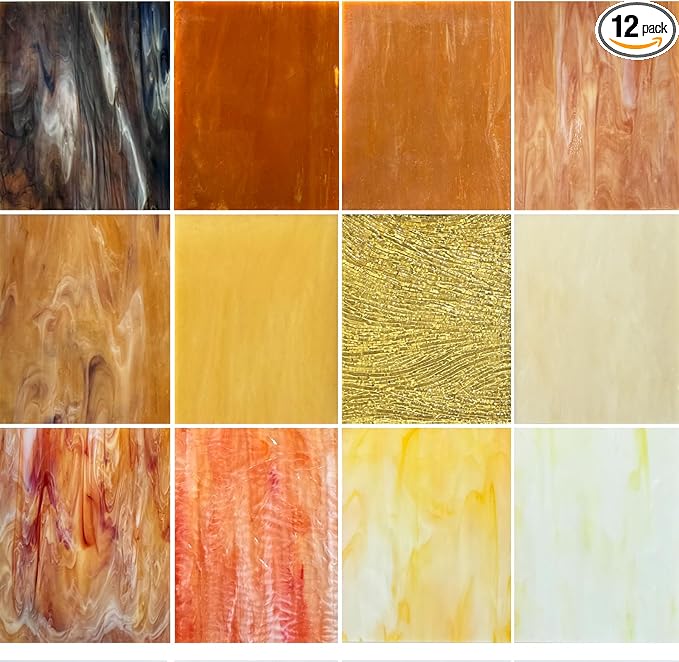 ILLUCKAI 12 Sheets Mixed Amber Stained Glass Sheets, 4 x 6 inch Stained Glass Supplies Mosaic Glass Tiles for Crafts, Cathedral Glass Art Glass for Stained Glass Beginners and Hobbyists