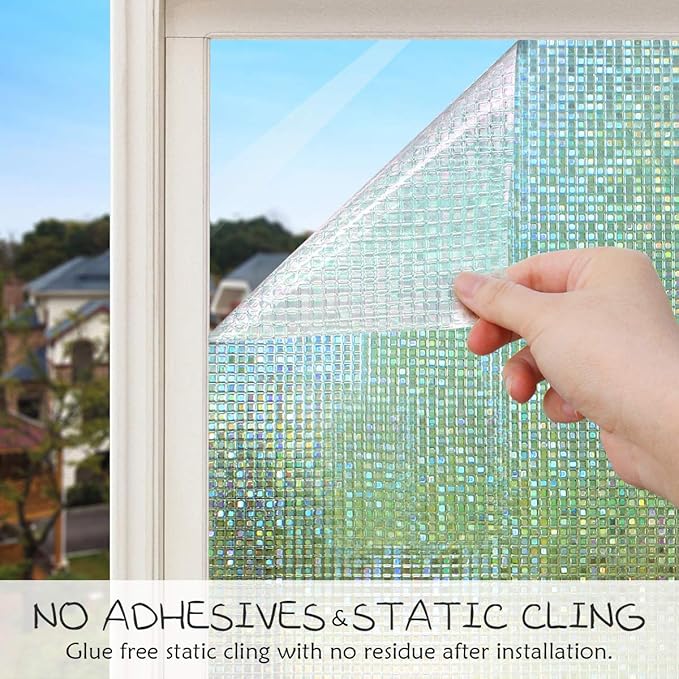 HIDBEA 3D Window Privacy Film - Rainbow Decorative Window Clings, Heat Control Glass Tint - 35.4" x 16.4 Feet, Mosaic Patterns