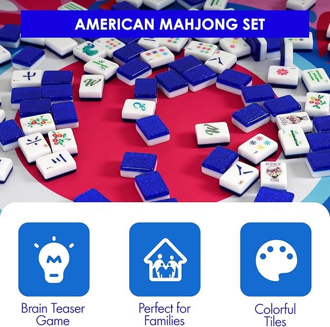 Original Design American Mahjong Tile Set with 160 Acrylic Blue Back Tiles, Upgraded American Style Mahjong Game with Portable Bag and 4 Dices, Classic Board Games for Family Night