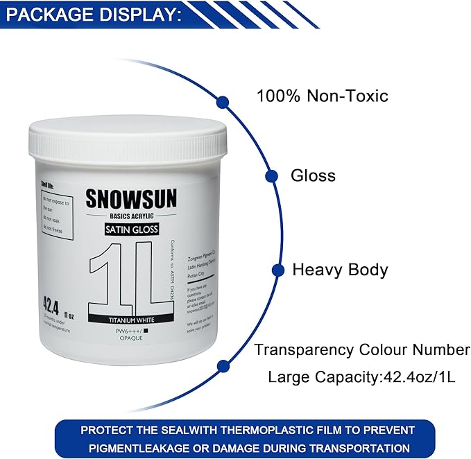 SNOWSUN Large Bulk Acrylic Paint, Titanium White Acrylic Paint 1L /42.4 oz, and 25ml*2 Pouch Charcoal Black, Gloss Non-Toxic Heavy Body Paints, Thick Art Paints for Multi-Surface Canvas Wood Ceramic Fabric Wall- Ideal for Artists & Beginners