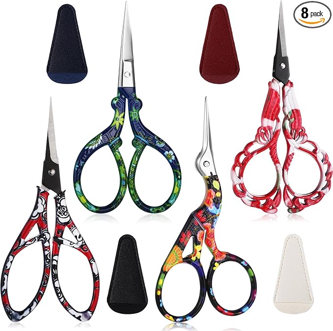 Zhehao 4 Pcs Sewing Embroidery Scissors with Artificial Leather Cover Sewing Stainless Vintage Embroidery Scissors for DIY Needlework Art Manual Handicraft (Delicate)