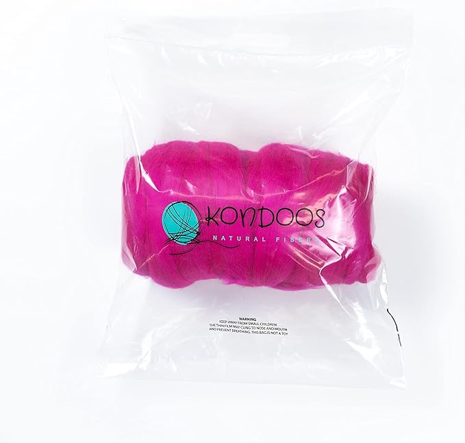 Kondoos Colored Natural Wool roving, 1 lb. Best Wool for Needle Felting, Wet Felting, handcrafts and Spinning. (Magenta, 1 lb)