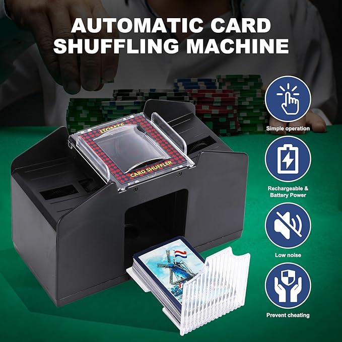 ITOME Automatic Card Shuffler, 2/4/6 Decks Electric Heavy Duty Card Shuffler for Cards Rechargeable and Battery Operated Perfect for Poker, UNO and Card Games