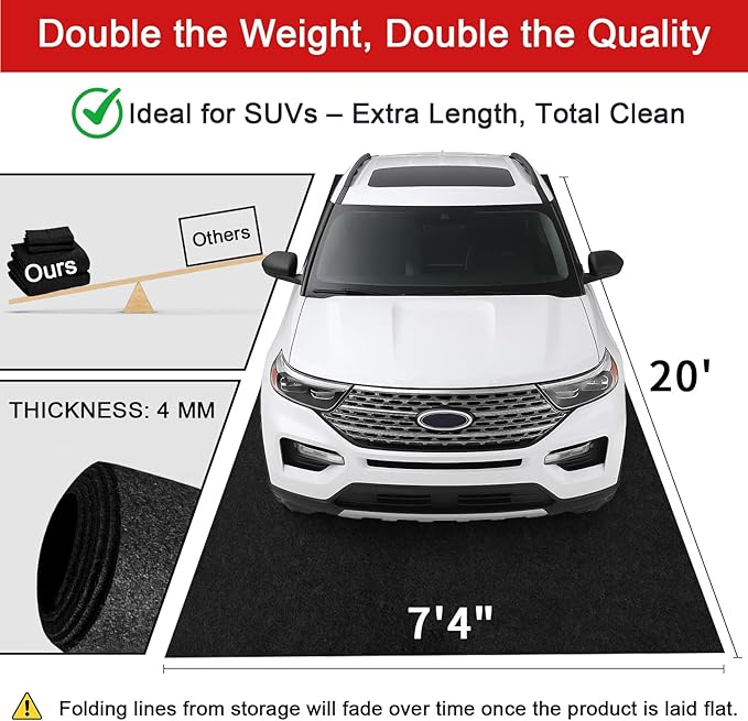 20' x 7'4" Garage Floor Mats - All-Weather Garage Floor Mats for Under Car, Absorbent Oil Spill Mat, Anti-Slip Garage Carpet, Reusable Garage Mats with Waterproof Backing, Garage Car Mat & Floor Mat