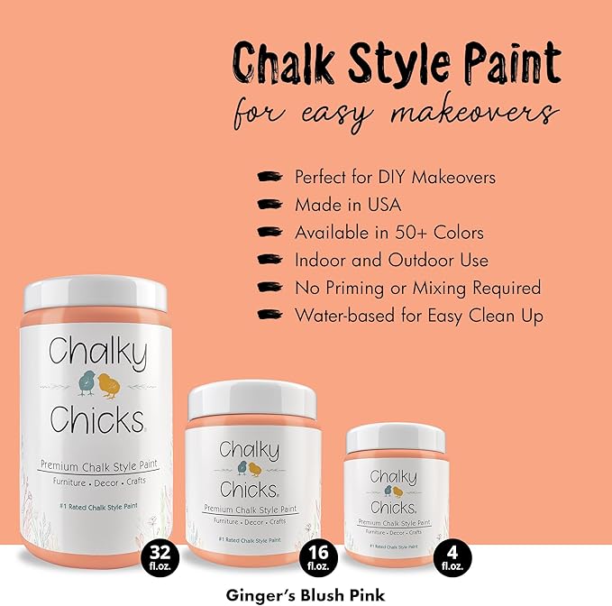 Chalky Chicks All-in-One Chalk Paint for Furniture or Cabinet - 32 Fl Oz - Matte Finish Gingers Blush Pink for Metal, Wood Furniture Paint - No Sanding All-in-One for Home Decor & Crafts, USA Made