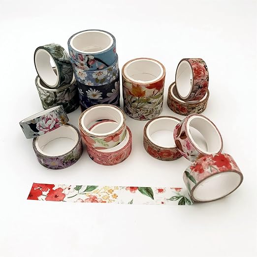 Floral Washi Tape Set 20 Rolls 15mm Wide Flower Decorative Paper Tapes for Scrapbooking, Bullet Journal, Planner, DIY Crafts, Gift Wrapping