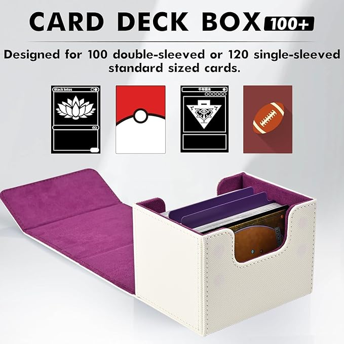 ZLCA Card Deck Box for Trading Cards, MTG Commander Deck Box Holds 120+ Single Sleeved, Leather Magnetic Card Storage Case Fits for TCG CCG Magic(White& Purple)