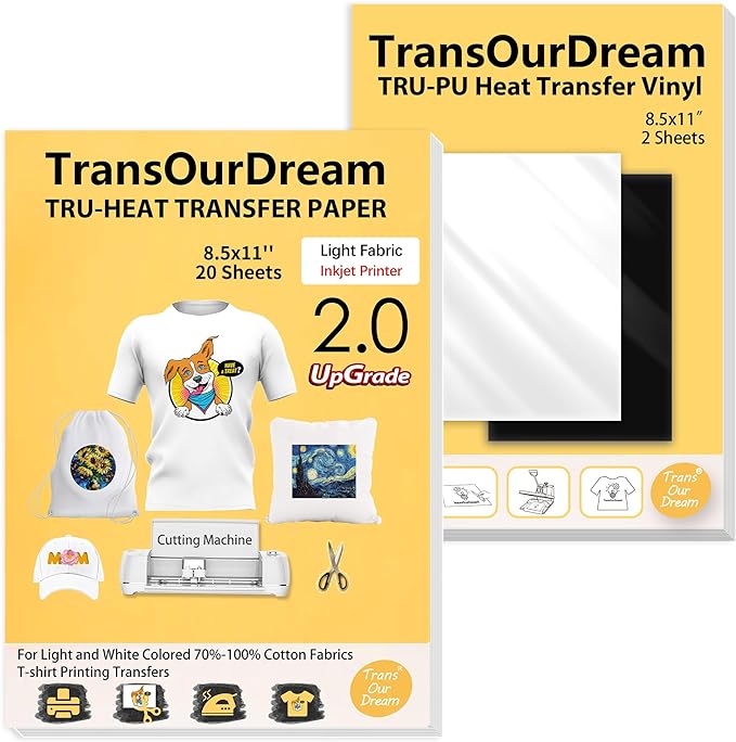 TransOurDream Tru-Iron on Heat Transfer Paper for Light Fabric (20+2 Sheets, 8.5x11") Printable Iron on Transfers Paper for Inkjet Printer & Heat Transfer Vinyl for T Shirts (L2-BW-22)