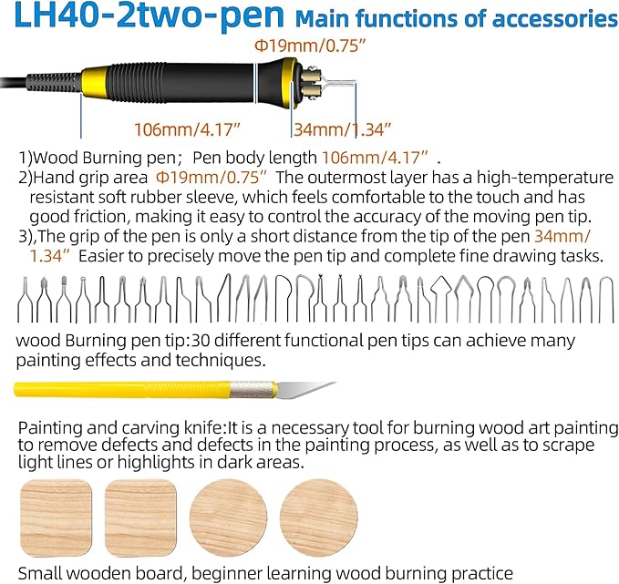 Wood Burning Tool, Wood Burner kit Pen 25~750℃, Wood Burning kit with Digital Thermometer Temperature Adjustable Temperature, 2 pyrographic Wood Burning pens, 30 Wood Burning Pen Tips