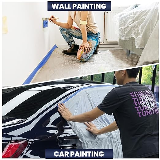 ADHES Painters Plastic with Tape, 48 inch x 90 feet x 3 Rolls Painters Tape with Plastic Attached, Pre Taped Masking Film Tape and Drape for Automotive Painting Covering