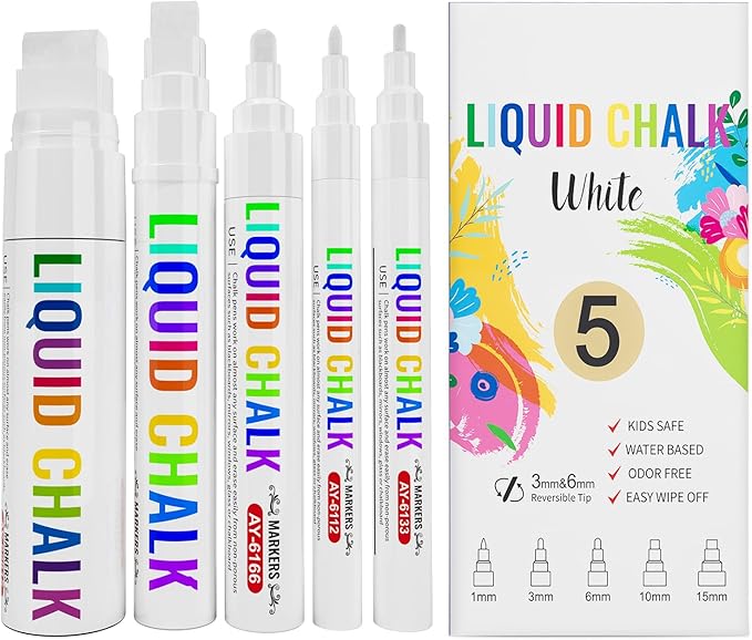IJIANG Window Chalk Markers Pens, White Liquid Chalk Marker 5 Nib Sizes for Car Windows Glass Mirror Blackboard Signs, Erasable, Dust-Free, Non-Toxic