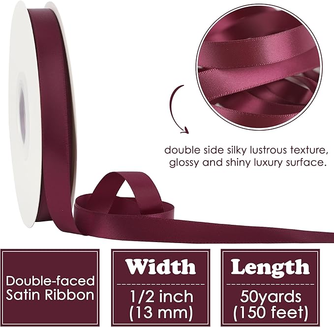 HUIHUANG Burgundy Satin Ribbon 1/2 inch X 50 Yards Continuous, Maroon Double-Faced Satin Ribbon for Gift Wrapping, Bows, DIY Crafts, Flower Bouquet, Wedding, Christmas Decor, Birthday