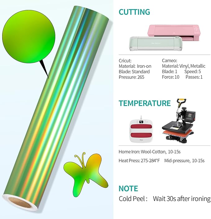 VINYL FROG Holographic HTV Vinyl Roll 12" x5ft Green Metallic Heat Transfer Vinyl Iron on Vinyl Easy to Cut & Weed DIY Heat Press Design for T-Shirts