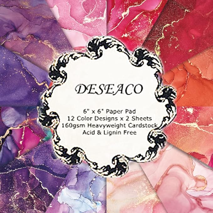 Colored Marble Scrapbook Paper Pad 6x6 – Rose Pink Purple Gold Patterned Paper Scrapbooking CardStock, Decorative Craft Origami Paper Junk Journal, Single-Sided Decopodge Paper Supplies-24Pcs