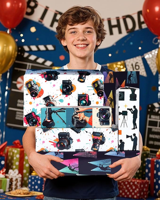 Pineraap 12 Sheets Photographer Wrapping Paper, Photography Gift Wrap Paper with Equipment, Camera, Photos & Scenes, Folded Flat Art Paper for Birthday DIY Crafts, 19.7 x 27.6 Inch (B)