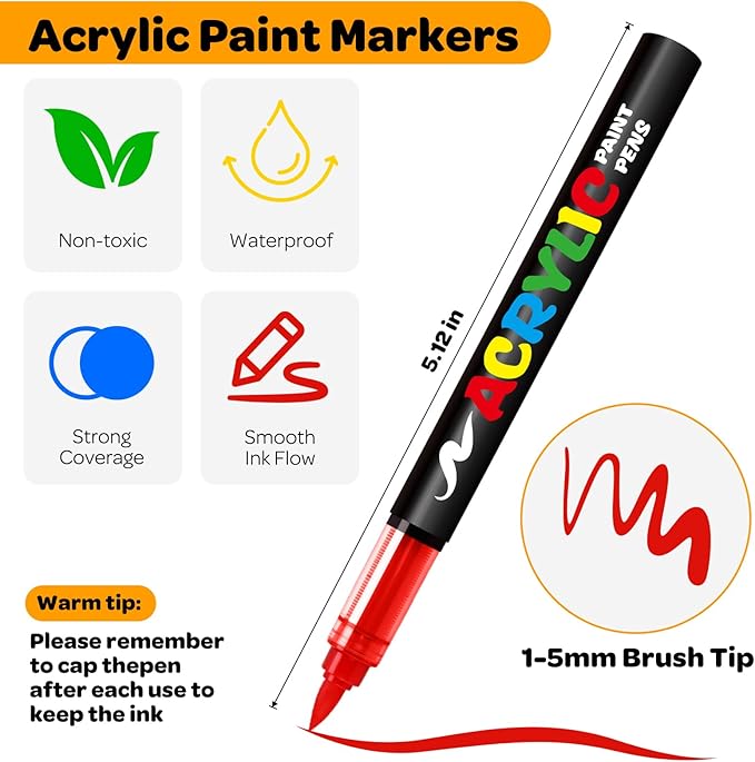72 Colors Acrylic Paint Markers, Soft Brush Tip Pens and Markers, Water-Based Acrylic Paint Pens for Wood, Stone, Canvas, Glass, Fabric, Egg, Rock Painting and DIY Crafts Art Supplies