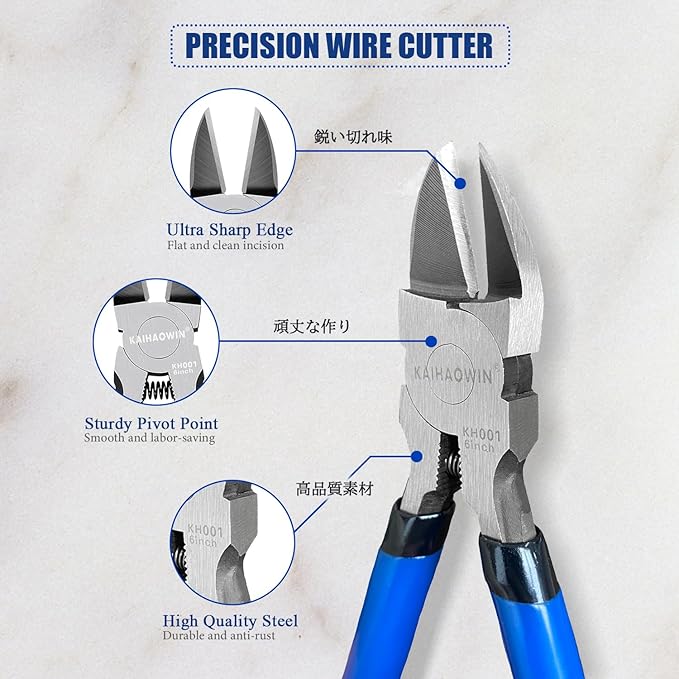 Wire Cutters 5 Pack, 6.5 inch,KAIHAOWIN Flush Cutters Diagonal Cutters Side Cutters Precision Ultra Sharp Spring Loaded Wire Snips Clippers Dikes Cutting Pliers Small for Crafting Jewelry Making,Blue