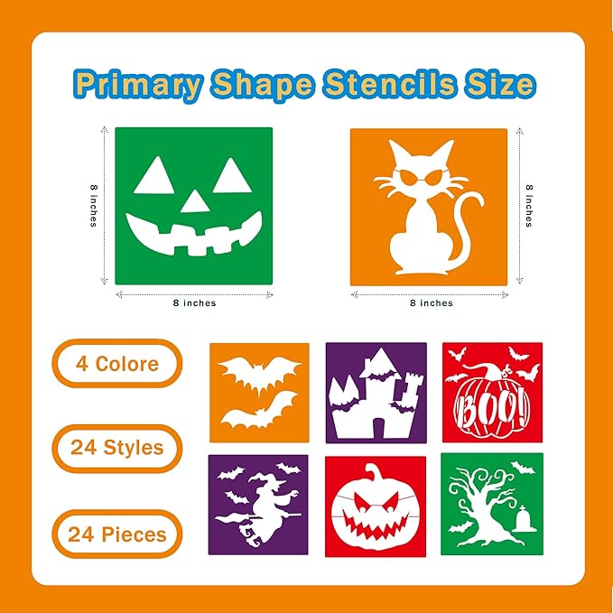 24 Pieces for Kids,Large Drawing Chalk,8 Inches Washable Shape Template Kit for Kids Crafts,Painting Drawing,School Projects (Halloween, 8 inch)