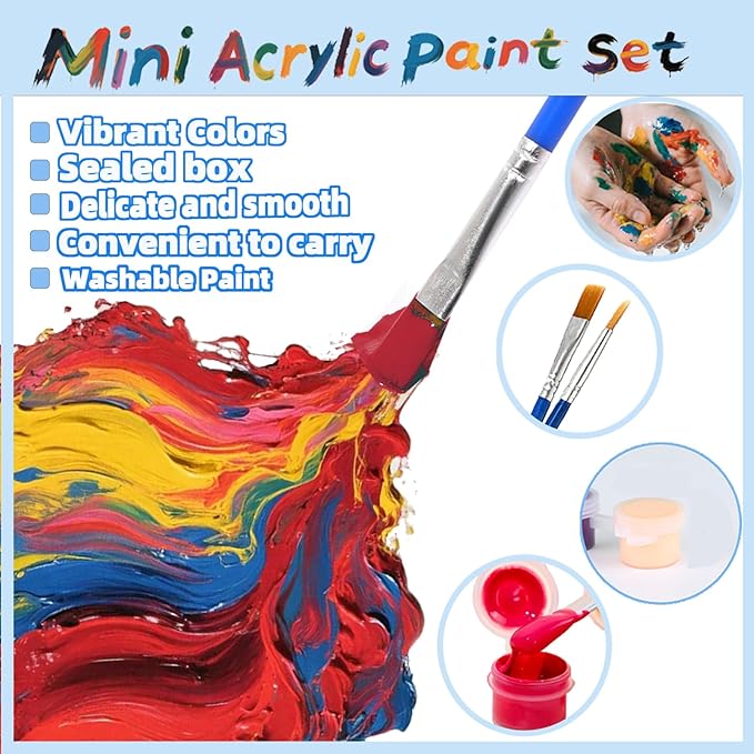 10 Pack Mini Acrylic Paint Set, 12 Colors Washable Paint Strips for Kids & Adults - Includes 20 Brushes (10 Flat + 10 Pointed), kids Paint Kits for Easter Eggs, Birthday, Classroom Party, Art Gifts