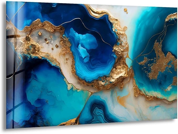 My Photostation.com 35.5Wx30H'' Blue Alcohol ink Glass Wall ArtTempered Glass Printing Wall Decor Large Wall Art Wall Hangings