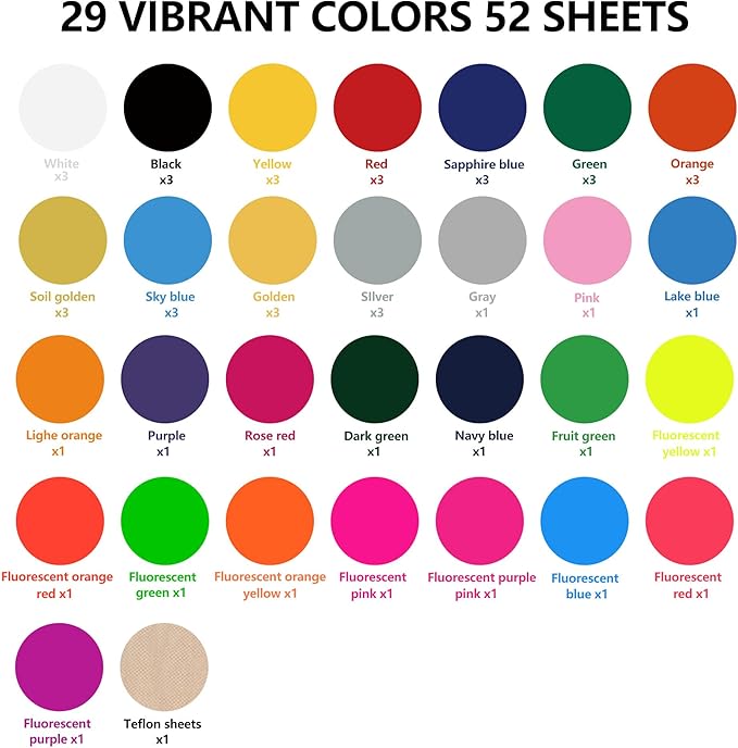 guangyintong HTV Heat Transfer Vinyl Bundle, 52 Pack 12" x 10" Iron on Vinyl for T-Shirt, 33 Assorted Colors Clossy Reflective and Fluorescent HTV Vinyl for All Cutting Machine Easy to Cut & Weed