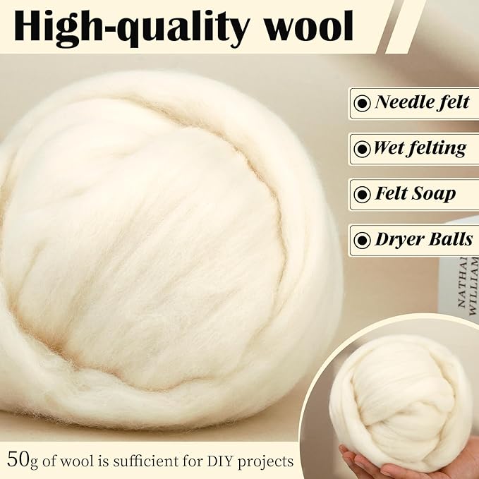 Mayboos Wool Roving Yarn, 1.76oz Colored Natural Wool Roving,Wool Felting Supplies Pure Wool Chunky Yarn for Wet Felting handcrafts and Spinning (White Color)
