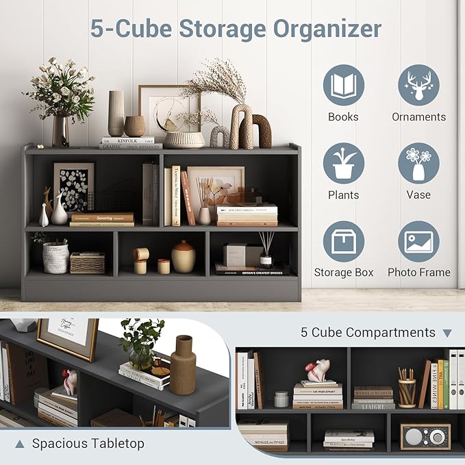 LOKO 2 Tier 5 Cube Bookcase, Open Shelf Storage Cabinet, Wooden Display Cabinet Shelf, Multipurpose Bookshelf for Living Room, Bedroom, Hallway, Home Office, Classroom (Grey)