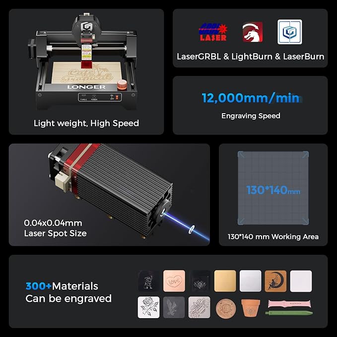 LONGER Ray5 mini 2.5W Laser Engraver with 15.7"x 15.7" Honeycomb Bed, 12000mm/min High-Speed Cutter for Wood, Metal, Acrylic, Leather, DIY CNC, 130x140mm Engraving Area, WiFi, Emergency Stop Safety