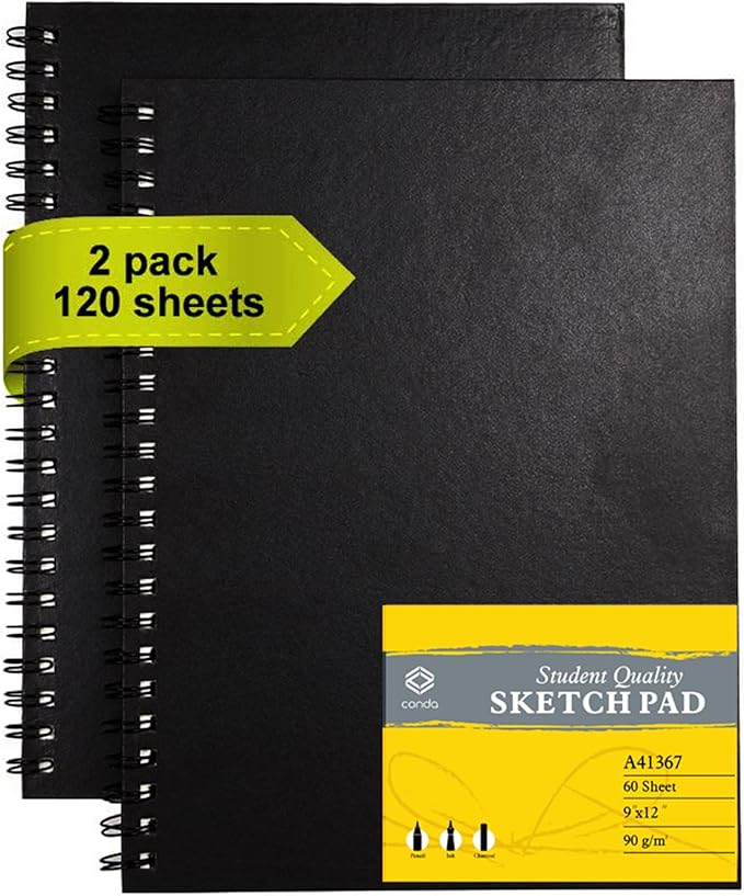 conda 9"x12" Sketch Book Set, 2 Pack, 120 Sheets, Spiral Bound Marker Pad, Durable Acid Free Sketchbook Mixed Media for Beginner Kids Adults Artists
