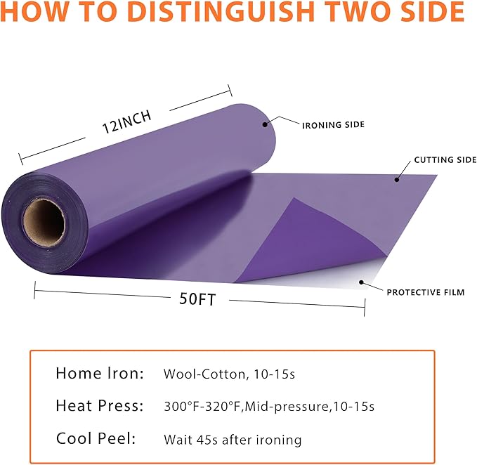 RENLITONG Purple Iron on Vinyl 12Inch by 50ft Roll HTV Heat Transfer Vinyl for T-Shirt HTV Rolls for All Cutter Machine - Easy to Cut & Weed for Heat Transfer Design