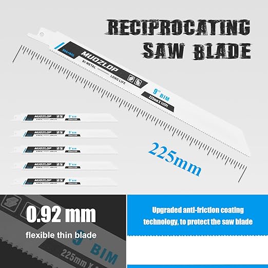 5 Pack 9 inch Reciprocating Saw Blades Set,14 TPI High Carbon Saw Blades, Metal Saw Blades with Organizer Case (5, 14TPI/225mm)