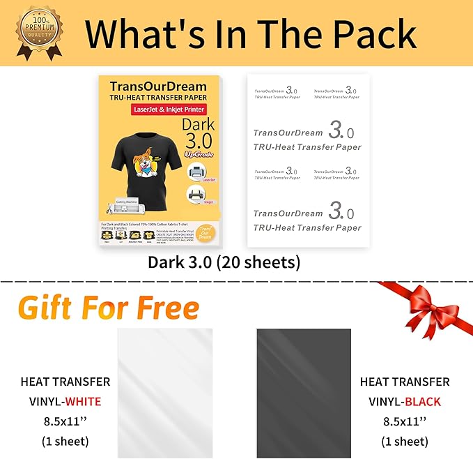 TransOurDream Iron on Heat Transfer Paper for Dark Fabric (20+2 Sheets, 8.5x11") Printable Iron on Transfers for Inkjet Printer & Laserjet Printer, Heat Transfer Vinyl for T Shirts (D3-BW-22)
