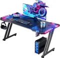 HLDIRECT 55 Inch Gaming Desk with LED Lights Carbon Fibre Surface Gaming Table Large Computer Desk Ergonomic Home Office Desks Z Shaped PC Gamer Workstations with Cup Holder & Headphone Hook Black