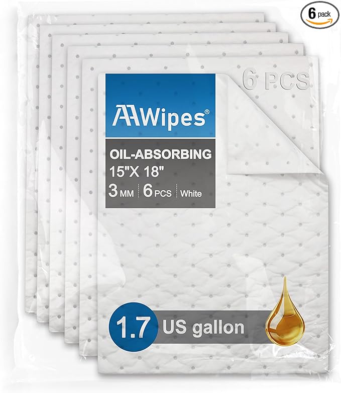 AAwipes Oil Only Absorbent Pads Mat Pre-Grade 3MM Thicker More Absorption for Garage, Car, Truck, Motorcycle - White 6 Pack 15" X 18" OW1518-6S