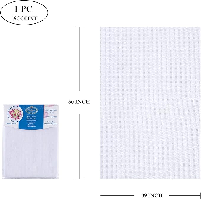 Aida Cloth Big Size 16 Count, White Cross Stitch Fabric, 39 inch by 60 inch