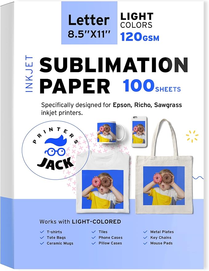 Printers Jack Sublimation Paper - 8.5 x 11 Inches, 100 Sheets 120gsm for Any Epson Sawgrass Inkjet Printer with Sublimation Ink, Heat Transfer Sublimation Paper for T-shirt, Mugs, Light Fabric