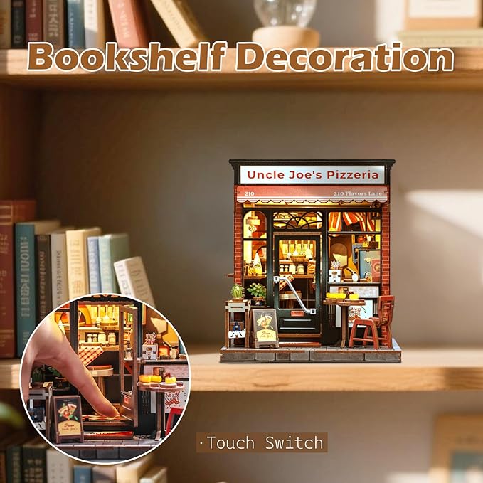 Fsolis Book Nook Kit - 3D Wood Puzzles for Adults, 285 pcs, DIY Bookshelf Scene Miniature Kit, Tiny House Mini Craft Model Gifts for Women (Uncle Joe's Pizzeria)