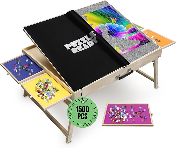 Puzzle Ready Puzzle Table with Drawers - 1500-Piece Wood, 27" x 36", Foldable & Portable - Jigsaw Puzzle Table & Organizer Design with 4 Color-Coded Trays, 3 Tilt Angles & Cover Mat