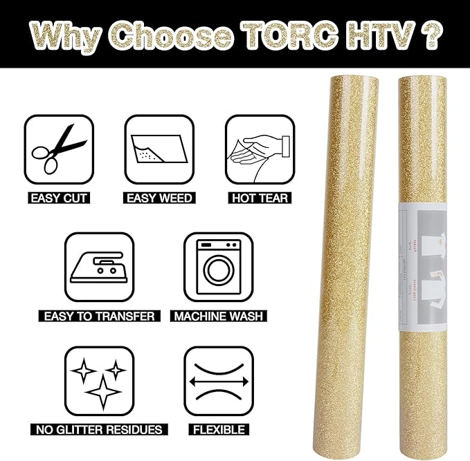 TORC Champagne Glitter HTV Heat Transfer Vinyl 2 Rolls Iron on Vinyl for T Shirts Crafts 12 inch x 5 ft