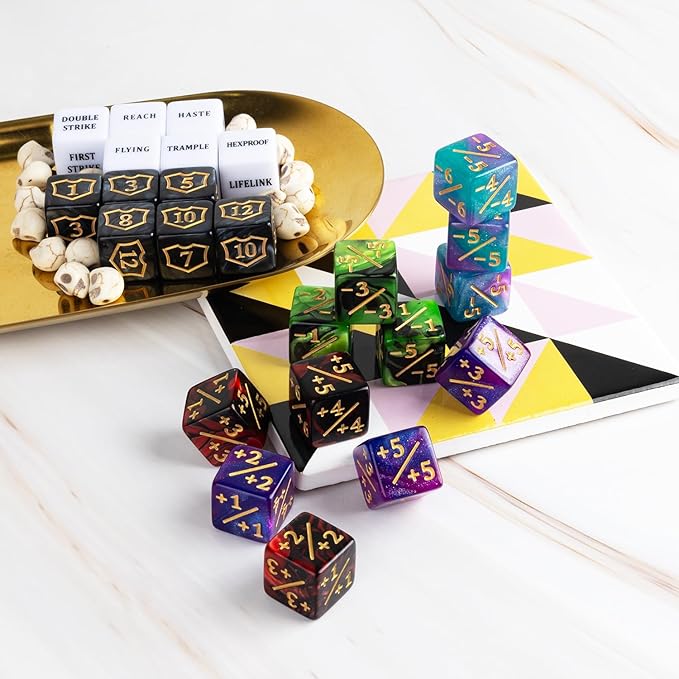 63 Pieces MTG Dice Counters Bulk Ability Keywords MTG Tokens Shield Life Counter 6 Sided Dice Set for Magic The Gathering,TCG,Cards Gaming Accessories