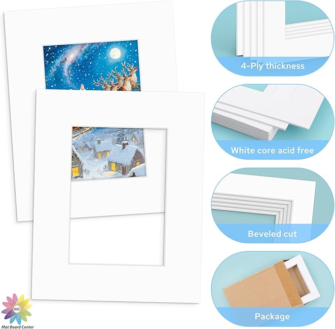 Mat Board Center, 8x10 White Mats for 5x7 Pictures - Acid Free, 4-ply Thickness, White Core, Bevel Cut - for Artworks, Photos, Framing - Pack of 12